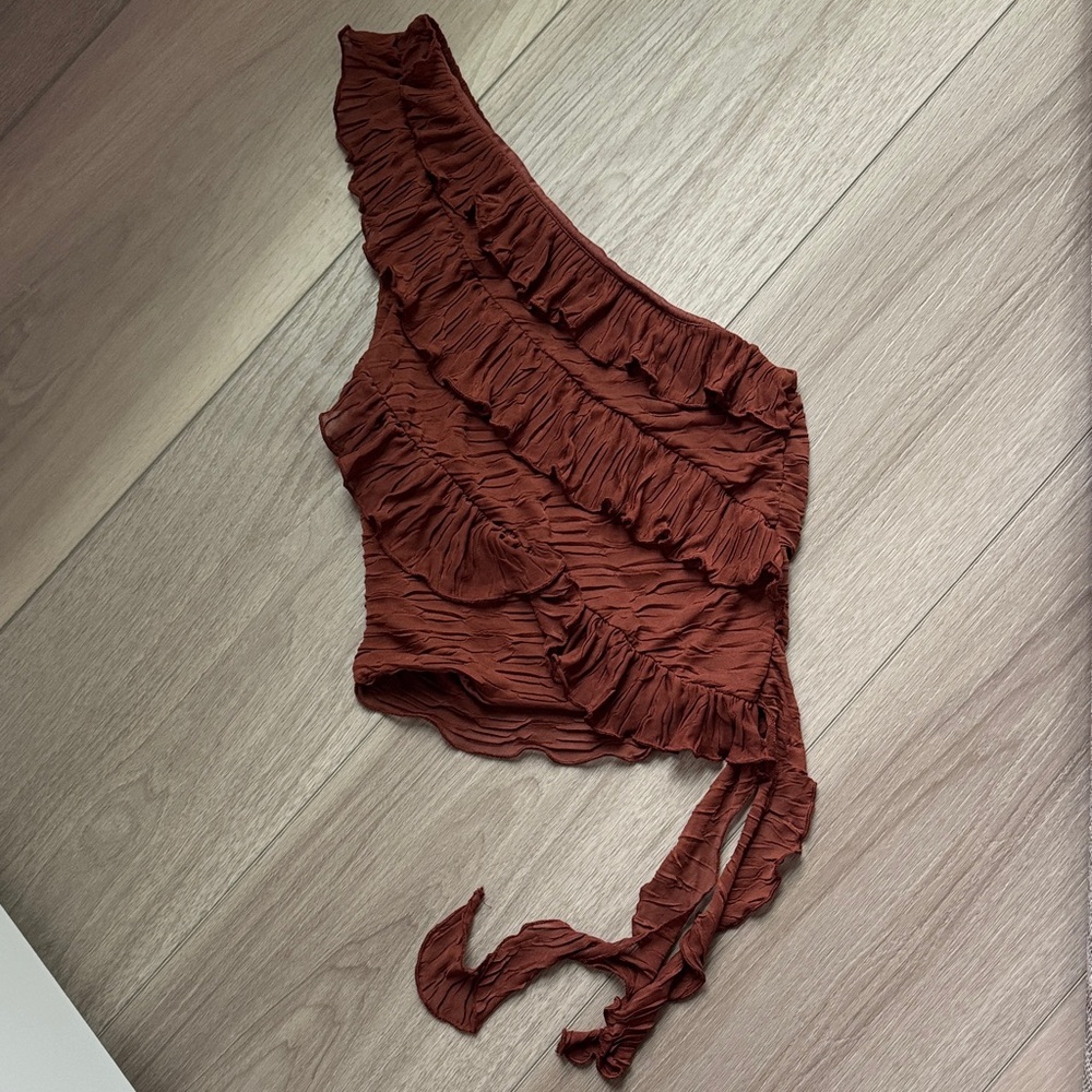 Zara One-Shoulder Ruffled Blouse in Brown
